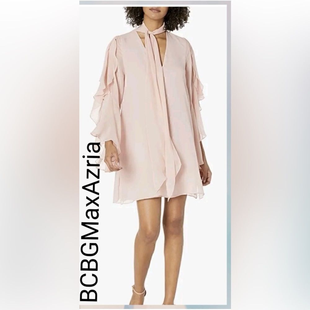 NWOT BCBG S pink silk chiffon dress w flutter sleeves